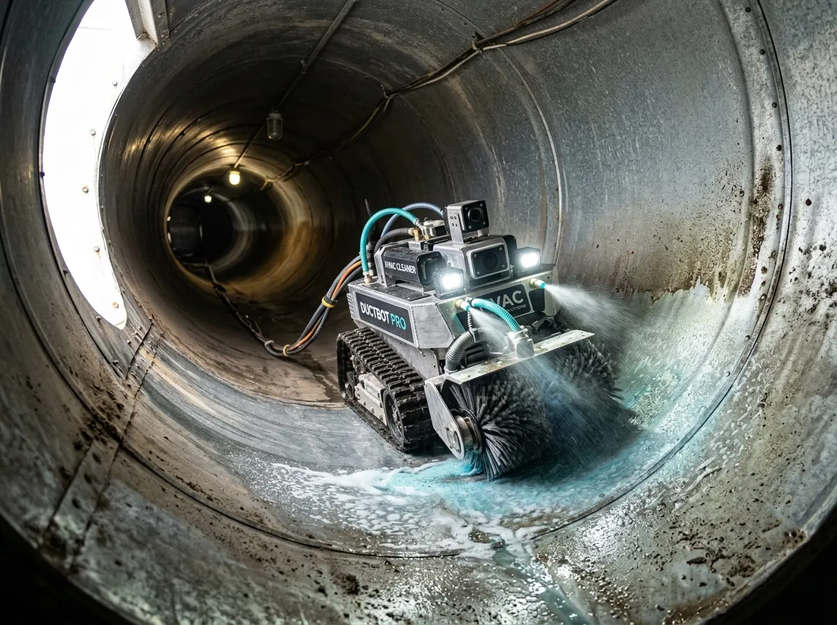 Havalandırma kanalı temizliğinde robotik ekipman kullanan teknik ekip